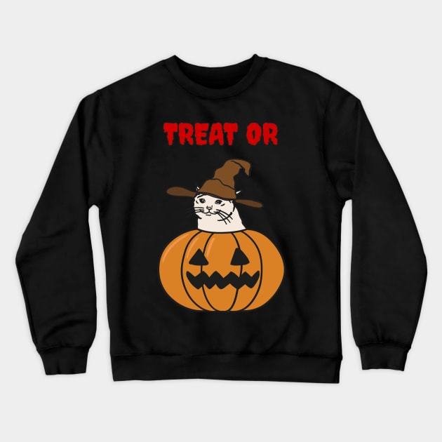 Trick or Treat Halloween Sad Cat Meme Crewneck Sweatshirt by strangelyhandsome